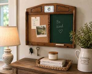 Vintage Wooden Entryway Wall Organizer with Cork Board, Chalkboard, and Decorati